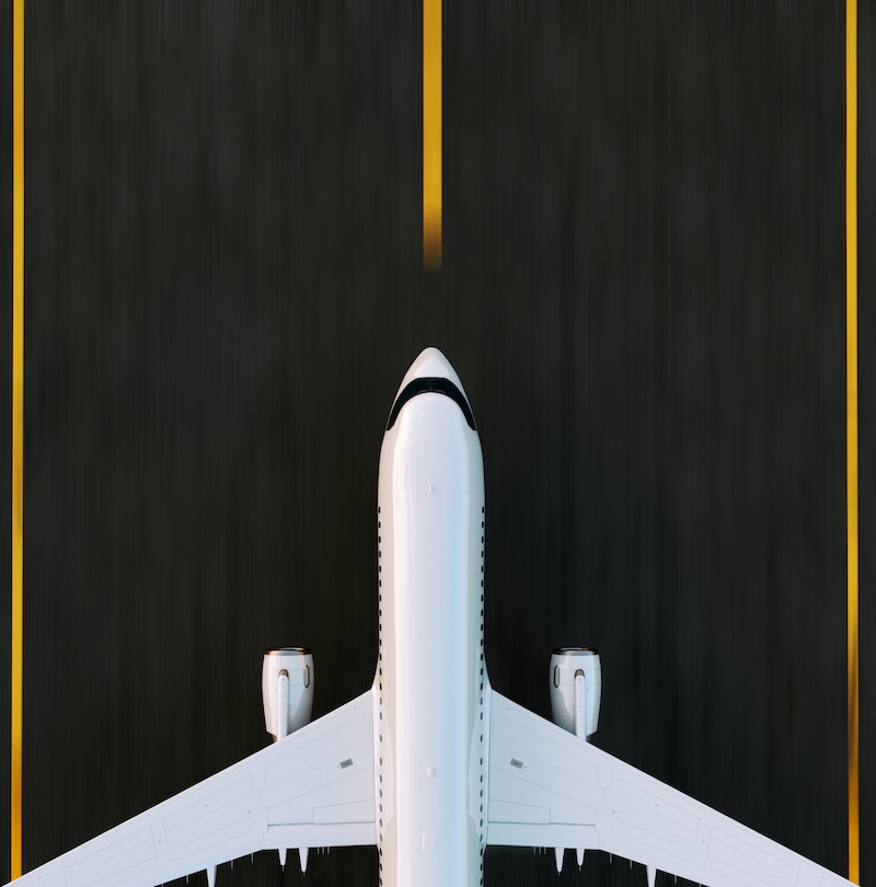 White commercial airplane viewed from above