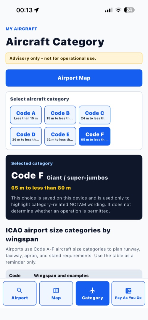 Aircraft category selection screen