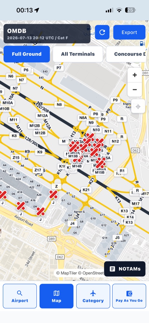 TaxiwayClosed AI app: Dubai (OMDB) airport map with red crosses marking closed taxiways
