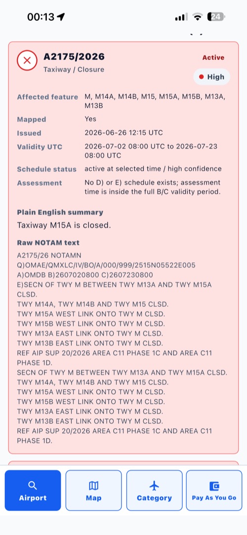 NOTAM detail with plain-English summary and raw text